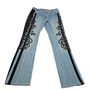 Per Se Womens Jeans Flared Bootcut Blue Denim Black Lace Velvet Trim Size 6